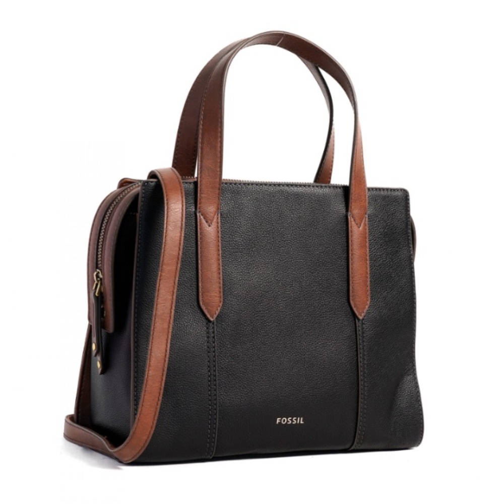 Fossil Black and Brown Leather Tote